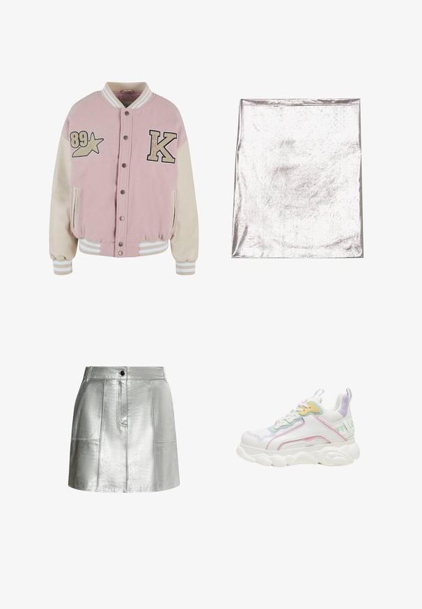 Karl Kani RETRO PATCH STAR OS COLLEGE - Bomberjakke - rose lightsand; Metallic sølv stof med en glat tekstur og let glans. Rektangulær form, kanter pænt syet, ingen fremtrædende mønstre eller detaljer.; Metallic sølvskørt med en glat tekstur, tætsiddende talje og paneldetaljer. Har en frontknaplukning og rene linjer.; Hvid chunky sneaker med pastelgrønne, lyserøde, gule og lilla detaljer og en tyk tekstureret sål set fra siden.