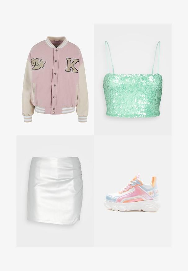 Karl Kani RETRO PATCH STAR OS COLLEGE - Bombera - rose lightsand; Gina Tricot CROP - Top - light green; Even&Odd Šortky - silver; Masívna biela teniska s pastelovo ružovými, modrými a oranžovými akcentmi, hrubou podrážkou, šnurovacím predkom a značkovou pútkom na päte.