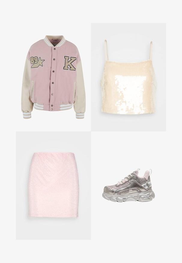 Karl Kani RETRO PATCH STAR OS COLLEGE - Bomberjakke - rose lightsand; Beige crop top med tynde stropper, der har en pailletoverflade som reflekterer lys og skaber en glitrende effekt over hele overfladen.; Gina Tricot RHINESTONE SKIRT - Mini skirts - pink; Chunky metallic sølv og pink sneaker med glitrende paneler, hvide snørebånd, tyk skulptureret sål og mærket hælstrop.