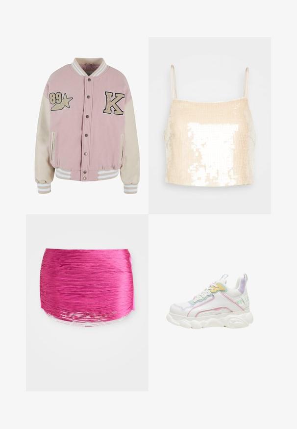 Karl Kani RETRO PATCH STAR OS COLLEGE - Bombera - rose lightsand; Béžový crop top s tenkými ramienkami, ktorý má flitrovú textúru odrážajúcu svetlo a vytvárajúcu trblietavý efekt na povrchu.; Ružová plisovaná látka s horizontálnymi pruhmi, zaobleným tvarom a kontrastným lesklým okrajom. Textúrovaná s živou farbou a hladkým povrchom.; Biele masívne tenisky s pastelovozelenými, ružovými, žltými a fialovými akcentmi a hrubou textúrovanou podrážkou zobrazené z boku.