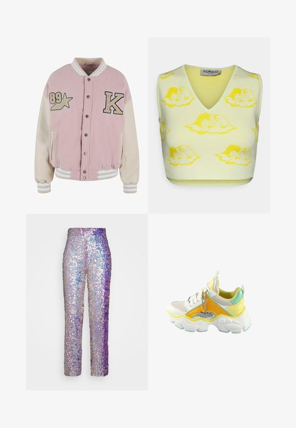 Karl Kani RETRO PATCH STAR OS COLLEGE - Bomberjacke - rose lightsand; Fiorucci INTARSIA - Top - yellow; VACLAV IRRIDESCENT SEQUIN PANTS - Stoffhose - purple; Voluminöse weiße Sneakers mit Akzenten in Gelb, Orange und Mintgrün. Verfügt über eine glanzende Oberfläche, ein geschichtetes Design und ein dekoratives Kettendetail.