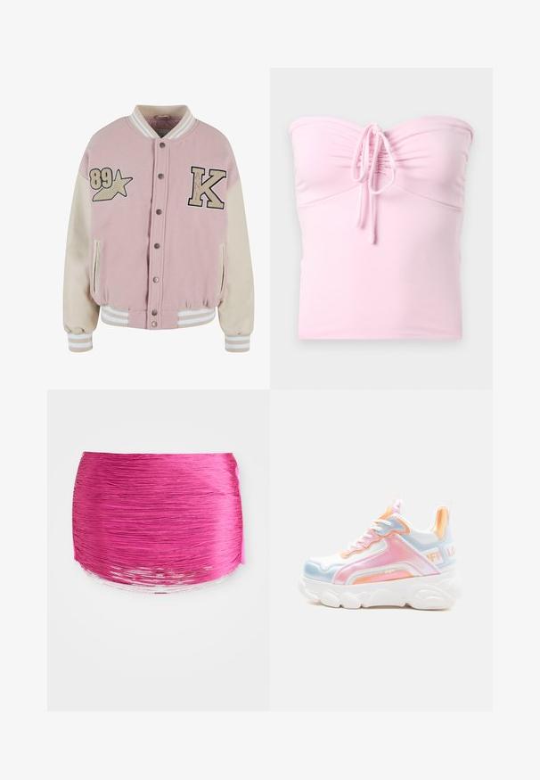 Karl Kani RETRO PATCH STAR OS COLLEGE - Bomberjakke - rose lightsand; Hollister Co. TIE FRONT TUBE - Top - light pink; Lyserød plisseret stof med horisontale linjer, rund form og kontrastfyldt glansfuld kant. Tekstureret med livlig farve og glat finish.; Kraftig hvid sneaker med pastelrosa, blå og orange detaljer, tyk sål, snørelukning foran og mærket trækflap på hælen.