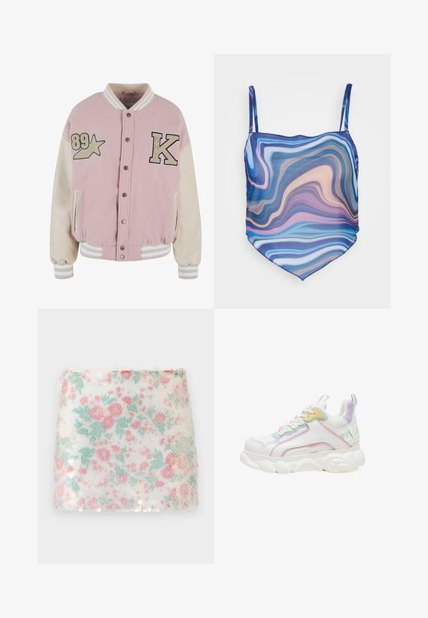 Karl Kani RETRO PATCH STAR OS COLLEGE - Bombera - rose lightsand; Neon & Nylon SIGNE STRAP SCARF - Top - directoire blue; Biely textil s kvetinovým vzorom, na ktorom sú pastelové ružové a zelené kvety, pričom má textúrovaný povrch a jemné trblietky po spodnom okraji.; Biele masívne tenisky s pastelovozelenými, ružovými, žltými a fialovými akcentmi a hrubou textúrovanou podrážkou zobrazené z boku.