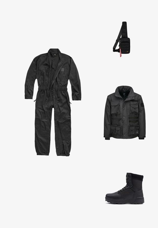 Veste utilitaire noire dotée de plusieurs poches, d'un col haut, d'une fermeture éclair et de poignets ajustables. Fabriquée en matériau durable et résistant aux intempéries.; Brandit BRANDIT HERREN EINSATZKOMBI - Combinaison - black; Botte tactique noire avec une tige en cuir lisse et des panneaux en tissu, design montante, fermeture à lacets à l'avant et semelle en caoutchouc robuste.; Sac bandoulière noir en tissu texturé. Comprend un compartiment principal à fermeture éclair, une poche avant avec sangle, une bandoulière réglable et une étiquette décorative.