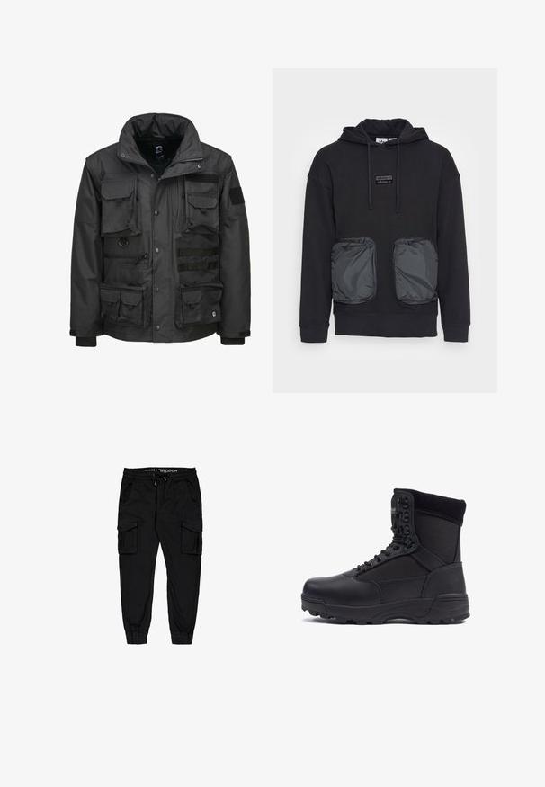 Veste utilitaire noire dotée de plusieurs poches, d'un col haut, d'une fermeture éclair et de poignets ajustables. Fabriquée en matériau durable et résistant aux intempéries.; Sweat à capuche noir à coupe décontractée, avec deux grandes poches zippées en matériau brillant à l'avant. Petite écusson logo au-dessus des poches.; Pantalons cargo noirs en tissu léger, dotés d'une taille élastique, d'un cordon de serrage et de plusieurs poches latérales avec des poignets fuselés.; Botte tactique noire avec une tige en cuir lisse et des panneaux en tissu, design montante, fermeture à lacets à l'avant et semelle en caoutchouc robuste.