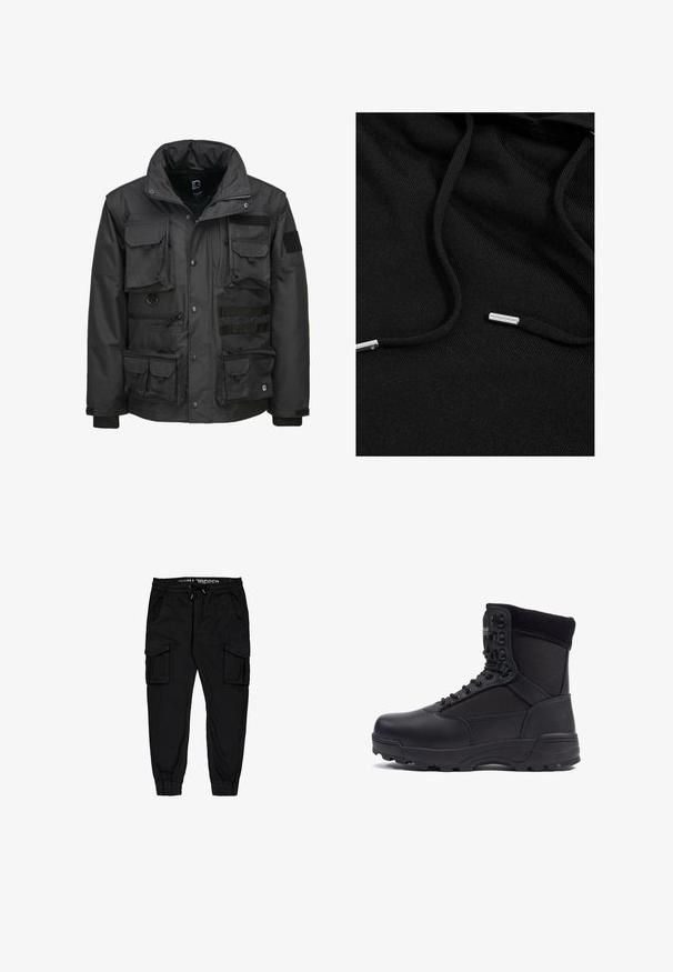 Schwarze Utility-Jacke mit mehreren Taschen, hohem Kragen, Reißverschluss und verstellbaren Bündchen. Hergestellt aus strapazierfähigem, wetterfestem Material.; Schwarze Kapuzenjacke aus weichem Stoff. Mit Kordelzügen mit metallischen Enden und einer strukturierten Oberfläche. Minimalistisches Design ohne Muster.; Schwarze Cargo-Hosen aus leichtem Stoff, mit elastischem Bund, Kordelzug und mehreren Seitentaschen sowie schmal zulaufenden Bündchen.; Schwarzer taktischer Stiefel mit einem glatten Lederoberteil und Stoffpaneelen, hoher Knöchelgestaltung, schnürbarem vorderen Teil und robustem Gummisohle.