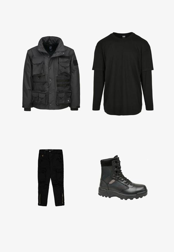 Veste utilitaire noire dotée de plusieurs poches, d'un col haut, d'une fermeture éclair et de poignets ajustables. Fabriquée en matériau durable et résistant aux intempéries.; Urban Classics OVERSIZED SHAPED DOUBLE LAYER LS TEE - T-shirt à manches longues - black/black; Pantalons cargo noirs en coton, dotés de poches latérales, de zippers aux chevilles et d'une coupe classique.; Botte militaire noire avec tige en cuir, panneaux en tissu, fermeture à lacets avant et semelle en caoutchouc robuste pour une meilleure traction. Embout renforcé et soutien de la cheville.