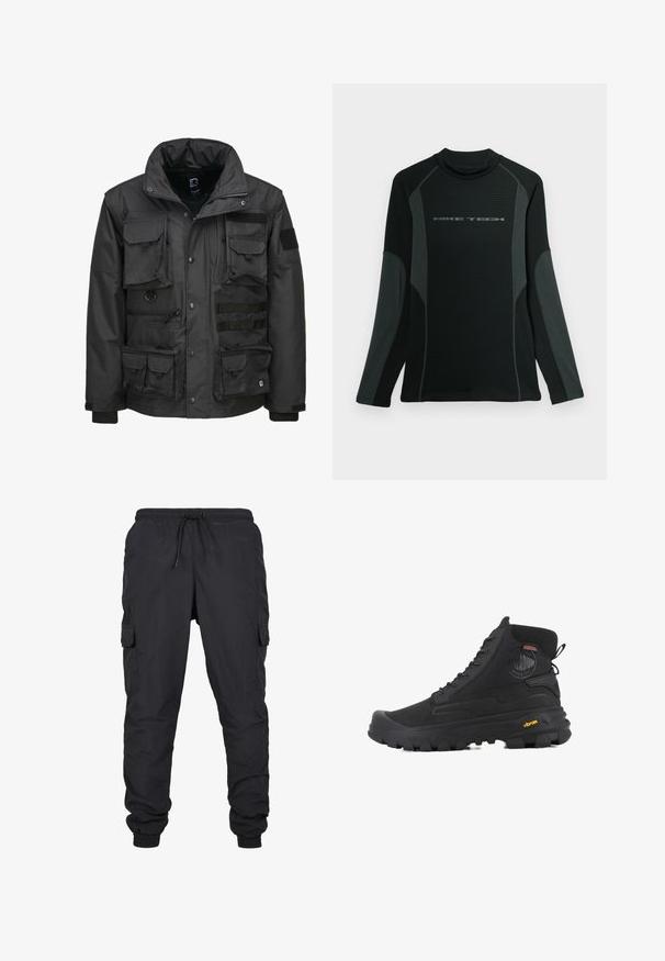 Veste utilitaire noire dotée de plusieurs poches, d'un col haut, d'une fermeture éclair et de poignets ajustables. Fabriquée en matériau durable et résistant aux intempéries.; Chemise noire à manches longues avec col haut, fabriquée en tissu texturé. Présente des panneaux latéraux gris et le logo "NIKE TECH" sur la poitrine.; Pantalons cargo noirs avec une taille élastique et un cordon de serrage, comprenant des poches latérales et des ourlets à manches. Fabriqués dans un tissu léger et durable.; Baskets montantes noires avec une surface texturée, dotées d'un design imperméable, d'un système de laçage et d'une semelle en caoutchouc proéminente avec la marque Vibram.