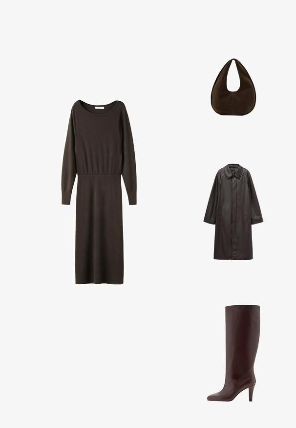 Manteau en cuir marron avec un col, des manches longues et deux poches avant. Texture lisse et design à coupe droite.; Robe midi en tricot à manches longues de couleur marron foncé, avec un col rond et une taille cintrée.; Botte en cuir marron, haute jusqu'au genou, avec un embout pointu et un talon aiguille. Texture lisse et design sans couture.; Sac à main en daim marron foncé en forme de croissant avec une seule sangle large et une texture lisse sur fond blanc.