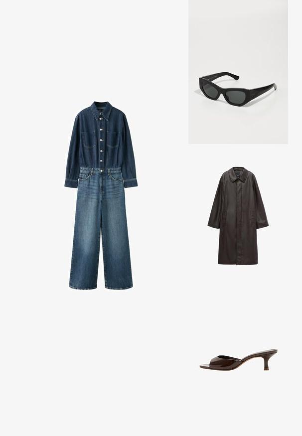 Brun læderfrakke med krave, lange ærmer og to frontlommer. Glat tekstur og lige snit design.; Denim heldragt med mørkeblå, knaplukket, langærmet top og lysere blå bukser med vide ben, med frontlomme på brystet og sidelommer.; Brun åben-tå mule med lav kattehæl og blank finish, set fra siden på hvid baggrund.; Sorte rektangulære solbriller med mat overflade, mørkt tonede linser og vinklede rammedesign. Har diskret guldbranding på staven.