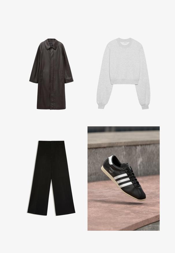 Manteau en cuir marron avec un col, des manches longues et deux poches avant. Texture lisse et design à coupe droite.; Sweatshirt cropped en tissu gris clair, avec des manches longues, un col rond, des poignets côtelés et une texture subtile.; Pantalon noir à jambes larges avec passants de ceinture, fermeture devant par bouton et zip, posé à plat sur fond blanc.; Baskets en cuir noir avec des rayures blanches et une semelle blanche, lacées, flottant au-dessus d'une surface en béton rosée avec un mur en pierre grise en arrière-plan.