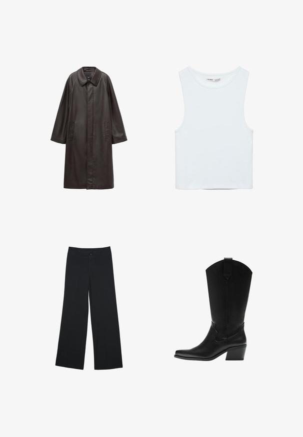 Hnedý kožený kabát s golierom, dlhými rukávmi a dvoma prednými vreckami. Hladká textura a rovným strihom.; Biely bezrukávový crop top s okrúhlym výstrihom, vyrobený z hladkej látky, označený Pull&Bear, vhodný na bežné nosenie.; Široké nohavice z čierneho materiálu, s prednými vreckami a gombíkovým zapínaním. Hladká textúra, strih na mieru a dĺžka po členky.; Čierna kožená westernová čižma do polovice lýtka s užším špicom a vrstveným blokovým podpätkom, s pútkom na ťahanie a jemným dekoratívnym prešívaním.
