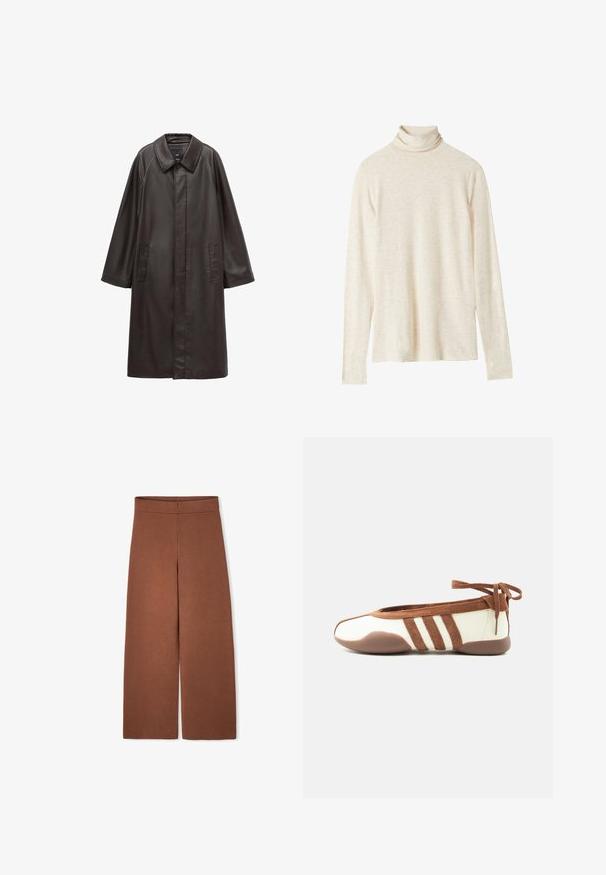 Manteau en cuir marron avec un col, des manches longues et deux poches avant. Texture lisse et design à coupe droite.; Top à col roulé beige à manches longues en tissu doux, avec une coupe décontractée, une texture subtile et sans motifs ni accents visibles.; Pantalons larges marron en tissu texturé et doux. Dotés d'une taille haute et sans fermetures visibles.; Ballerine fine beige et marron avec bout arrondi, trois bandes latérales, semelle souple et fermeture nouée à la cheville sur fond blanc uni.