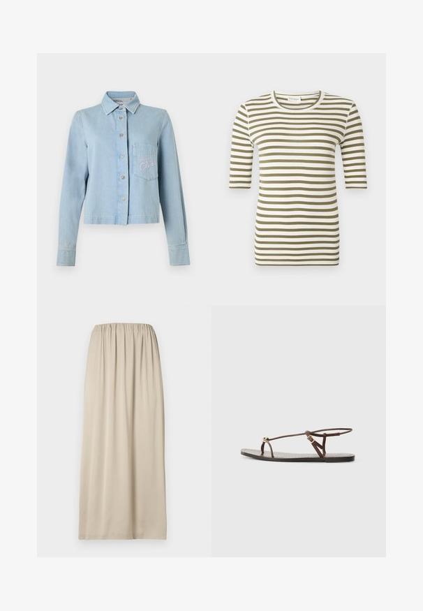 Veste en denim bleu clair avec fermeture à boutons, col pointu et manches longues. Comprend une poche poitrine avec broderie rose.; Chemise à manches courtes avec des rayures horizontales vert olive et blanches et un col rond sur un fond uni.; Jupe beige longueur genou en tissu doux avec une taille élastique. Elle présente une texture lisse et un design simple et fluide.; Sandale en cuir marron avec des fines lanières, un accent circulaire doré et une semelle plate. Design minimaliste avec un détail de boucle réglable.
