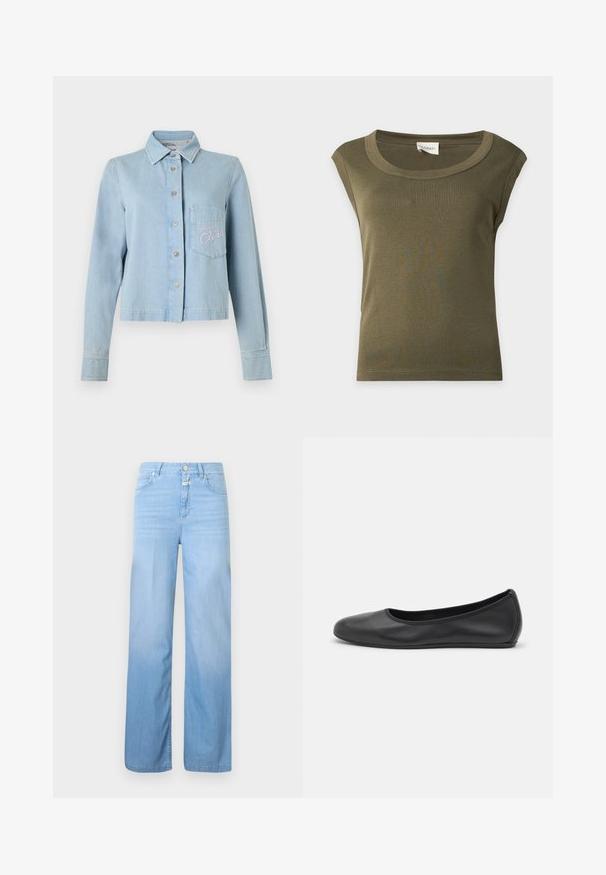 Veste en denim bleu clair avec fermeture à boutons, col pointu et manches longues. Comprend une poche poitrine avec broderie rose.; Haut en coton vert olive sans manches avec un large col rond et un ourlet cousu, présenté à plat sur un fond clair.; Jean en denim bleu clair à coupe droite, style 5 poches, fermeture par bouton et texture délavée vers le bas.; Ballerines en cuir noir avec un bout rond, texture lisse, détails de couture minimalistes et design de semelle flexible.