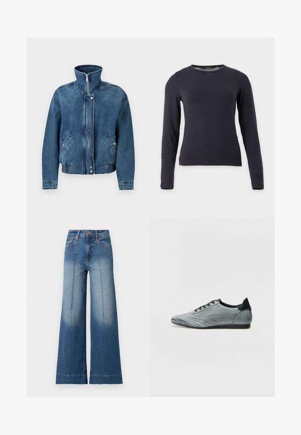Mørkeblå denimjakke med høj krave, frontlynlås, to sidelommer og elastisk talje for en tætsiddende pasform.; Simple mørk marineblå langærmet t-shirt med rund hals og tætsiddende pasform på hvid baggrund.; Højtaljede blå denimjeans med vide ben, detaljer med sømme foran, fem lommer og knaplukning i taljen.; Lysegrå læder sneakers med et strømlinet design, der har stikninger, sorte snørebånd og en mørk hælaccent. Gummisål.