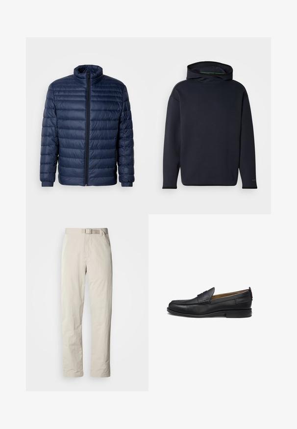 Marineblaue gesteppte Steppjacke mit Stehkragen, vollflächigem Reißverschluss und elastischen Bündchen, vor einem schlichten hellen Hintergrund präsentiert.; Marineblauer Hoodie aus weichem Stoff mit lockerem Schnitt, ausgestattet mit einem hohen Kragen, langen Ärmeln und einem dezenten Logo auf dem Ärmel.; Beige Hosen mit einem geraden Beinschnitt, aus leichtem Stoff gefertigt. Verfügt über einen integrierten Gürtel und eine subtile Textur mit einem eleganten Finish.; Schwarze Leder-Slipper mit glatter Oberfläche, abgerundetem Zehenbereich, dekorativer Naht und flachem Absatz. Am Absatz befindet sich ein dezentes Logo.