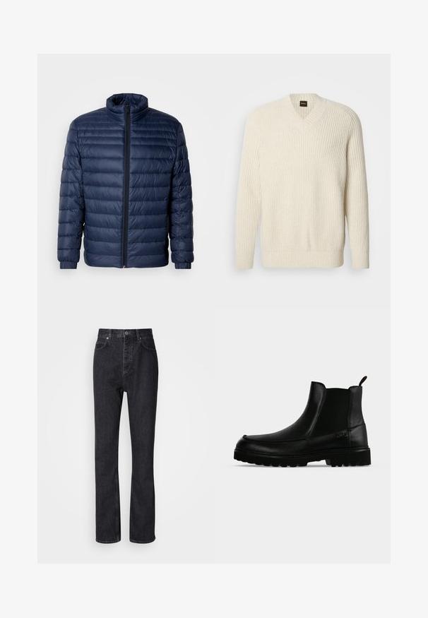 Veste matelassée en duvet bleu marine avec col montant, fermeture éclair avant intégrale et poignets élastiques, présentée sur un fond clair uni.; Pull en tricot couleur crème avec un col en V, présentant une texture côtelée, des manches longues et une coupe décontractée. Étiquette de logo visible au niveau du col.; Jean en denim noir taille haute avec fermeture à bouton et à glissière, poches avant et arrière, et coupe droite.; Bottine noire en cuir avec semelle texturée, panneaux latéraux élastiques et languette de tirage sur fond gris clair.