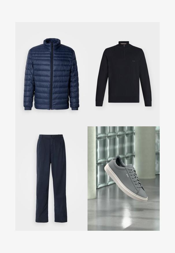 Marineblaue gesteppte Steppjacke mit Stehkragen, vollflächigem Reißverschluss und elastischen Bündchen, vor einem schlichten hellen Hintergrund präsentiert.; Schwarzer langärmeliger Strickpullover mit halbem Reißverschlusskragen, gerippten Bündchen, Saum und kleinem "BOSS"-Logo auf der linken Brust.; Marineblaue Hose aus Baumwollmischung. Verfügt über einen geraden Schnitt, einen vorderen Knopfverschluss und dezente Falten. Glatte Textur.; Grauer BOSS Sneaker mit weißer Sohle, geschnürt, schwebt drinnen vor einer Glassteinwand und poliertem Betonboden.