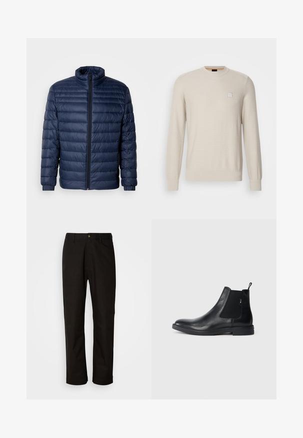 Marineblaue gesteppte Steppjacke mit Stehkragen, vollflächigem Reißverschluss und elastischen Bündchen, vor einem schlichten hellen Hintergrund präsentiert.; Helles beiges Sweatshirt aus strukturiertem Stoff. Mit Rundhalsausschnitt, langen Ärmeln und einem kleinen quadratischen Logo auf der Brust.; Schwarze Baumwollhosen mit geradem Schnitt, Gürtelschlaufen, einem Reißverschluss vorne und einem einzelnen Knopfverschluss. Glatte Textur ohne sichtbare Muster.; Schwarze Leder Chelsea-Boots mit elastischen seitlichen Einsätzen, einer Zugschlaufe und einer flachen Gummisohle. Glatte Textur mit minimaler Ausgestaltung.