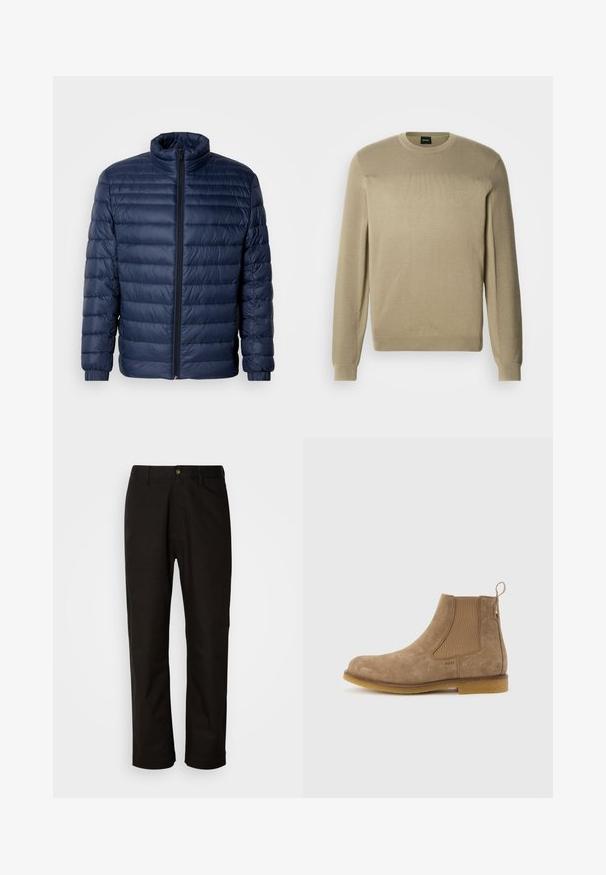Marineblaue gesteppte Steppjacke mit Stehkragen, vollflächigem Reißverschluss und elastischen Bündchen, vor einem schlichten hellen Hintergrund präsentiert.; Beiger Pullover aus weichem Strickstoff mit Rundhalsausschnitt, langen Ärmeln und strukturiertem Rippstrick an den Schultern. Dezentes Logodetail.; Schwarze Baumwollhosen mit geradem Schnitt, Gürtelschlaufen, einem Reißverschluss vorne und einem einzelnen Knopfverschluss. Glatte Textur ohne sichtbare Muster.; Hellbrauner Chelsea-Stiefel aus Wildleder mit elastischen Seitenpaneelen, Zuglasche an der Ferse und Gummisohle.