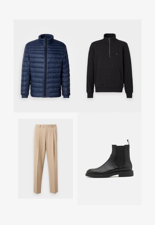 Marineblaue gesteppte Steppjacke mit Stehkragen, vollflächigem Reißverschluss und elastischen Bündchen, vor einem schlichten hellen Hintergrund präsentiert.; Schwarzer Viertel-Reißverschluss-Pullover mit Stehkragen, Kängurutasche, gerippten Bündchen und einem kleinen rot-weiß-blauen Logo auf der Brust.; Beige maßgeschneiderte Hosen mit vorderen Falten, Gürtelschlaufen und geraden Beinen, vor einem schlichten hellen Hintergrund präsentiert.; Schwarze Leder-Ankle-Boots mit glatter Textur, elastischen Seitenpaneelen und einer Zuglasche. Runde Zehenpartie und flache Gummisohle mit minimalem Profil.