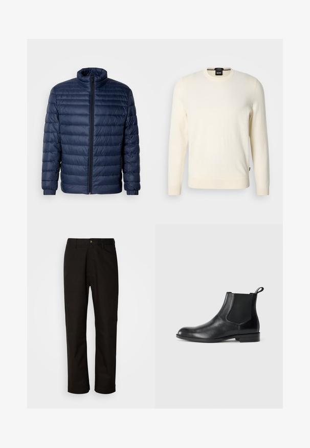 Marineblaue gesteppte Steppjacke mit Stehkragen, vollflächigem Reißverschluss und elastischen Bündchen, vor einem schlichten hellen Hintergrund präsentiert.; Cremfarbener Pullover aus weichem Material, mit Rundhalsausschnitt, langen Ärmeln und gerippten Bündchen sowie Saum. Markenlabel am Kragen sichtbar.; Schwarze Baumwollhosen mit geradem Schnitt, Gürtelschlaufen, einem Reißverschluss vorne und einem einzelnen Knopfverschluss. Glatte Textur ohne sichtbare Muster.; Schwarze Leder-Stiefelette mit elastischen Seiteneinsätzen, abgerundeter Zehenpartie und einem Zugschlauf. Glatte Textur, flache Sohle, minimalistisches Design.