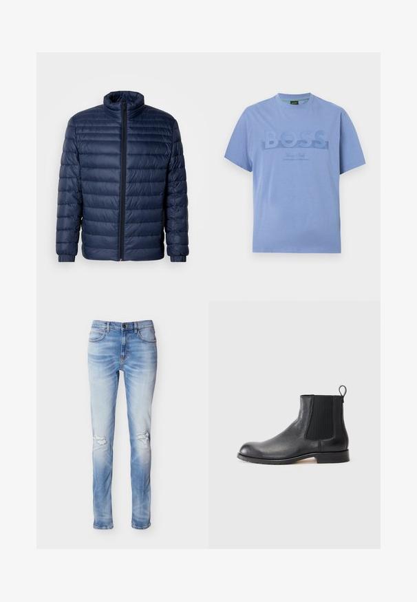 Marineblå, kviltet pufferjakke med ståkrave, fuld frontlynlås og elastiske manchetter, vist på ensfarvet lys baggrund.; Lyseblå T-shirt med korte ærmer og rund hals, med stort "BOSS"-logo præget foran og mindre tekst nedenunder på ensfarvet baggrund.; Lyseblå denimjeans med slim pasform, med frynser ved knæene, klassisk fem-lommers design og standard knaplukning.; Sort læder Chelsea-boot med struktureret overdel, elastiske sidepaneler og en løfteløkke. Har en flad gummisål og design med rund tå.