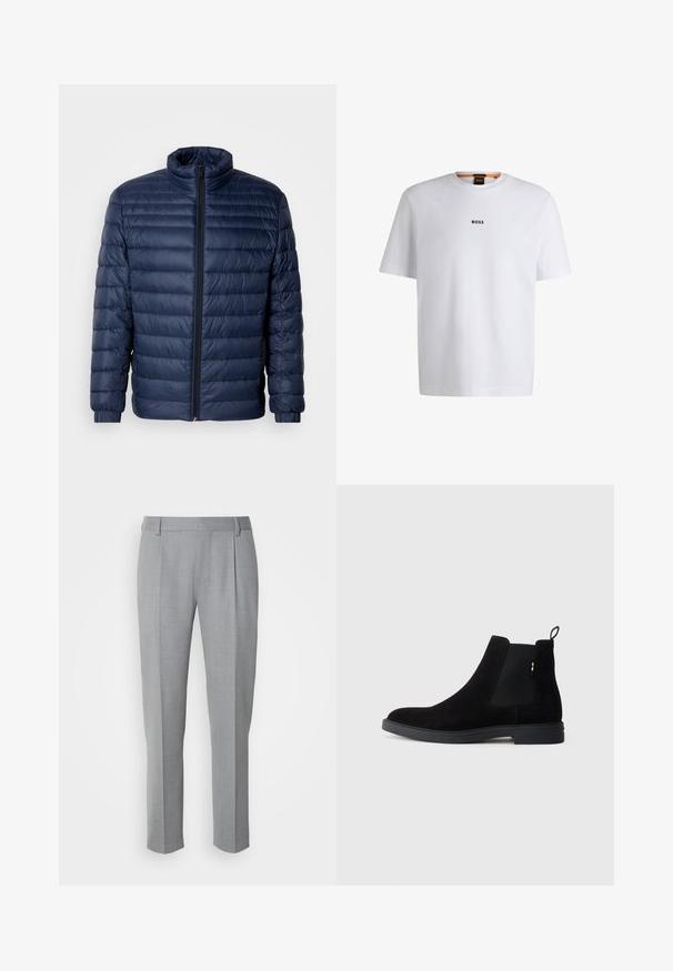Navyblauwe gewatteerde pufferjack met staande kraag, volledige rits aan de voorkant en elastische manchetten, weergegeven op een effen lichte achtergrond.; Witte katoenen T-shirt met korte mouwen, voorzien van een zwart "BOSS"-logo in het midden van de borst en een ronde halsontwerp.; Grijze op maat gemaakte broeken met een gladde textuur, voorzien van een platte voorkant, rechte pijpen en subtiele plooien voor extra details.; Zwarte suède Chelsea laarzen met elastische zijpanelen, ronde neus en een lage rubberen zool. Beschikt over een trekband aan de achterkant voor eenvoudig aan- en uittrekken.