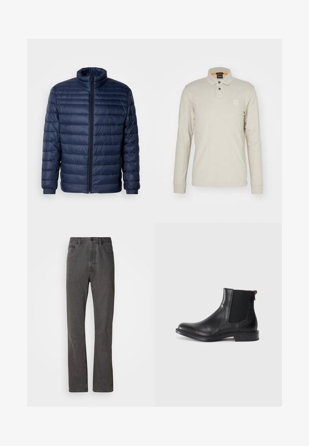 Marineblaue gesteppte Steppjacke mit Stehkragen, vollflächigem Reißverschluss und elastischen Bündchen, vor einem schlichten hellen Hintergrund präsentiert.; Langarm-Polohemd aus hellbeigem Baumwollstoff. Verfügt über einen Kragen, zwei Knöpfe und ein kleines, geprägtes Logo auf der Brust. Oranger innerer Kragen.; Graue Denim-Jeans im geraden Schnitt, mit frontalen Taschen, einem Knopfverschluss und subtiler Textur.; Schwarze Leder-Chelsea-Stiefel mit elastischen Seitenteilen, runder Zehenform und niedrigem gestapeltem Absatz. Mit rotem Zugband und dezenten Branding an der Seite.