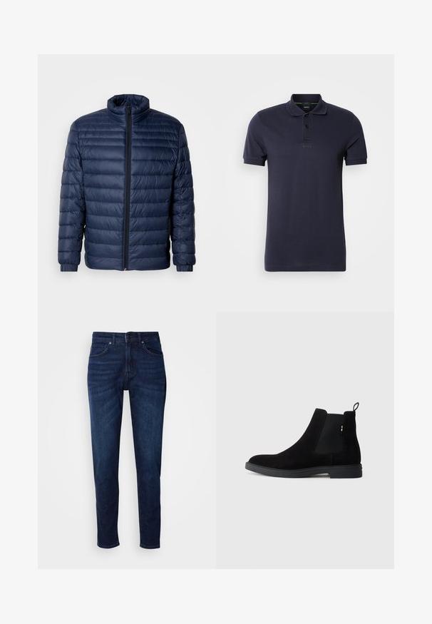 Veste matelassée en duvet bleu marine avec col montant, fermeture éclair avant intégrale et poignets élastiques, présentée sur un fond clair uni.; Polo en bleu marine en coton, avec un col plat, une patte de boutonnage à trois boutons et un logo brodé sur la poitrine. Manches courtes.; Jean en denim bleu foncé avec une coupe droite, comportant des poches et une fermeture à bouton à la taille. Texture douce, détails de décoloration minimes.; Bottines Chelsea en suède noir avec panneaux élastiques sur les côtés, bout rond et semelle en caoutchouc basse. Dotées d'une languette à l'arrière pour un enfilage facile.