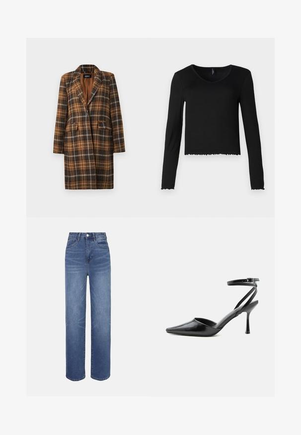 Manteau long à carreaux marron et noir avec revers en pointe, fermeture à un bouton noir, poches à rabat et doublure complète.; Blouse noire à manches longues en V en texture côtelée, avec une coupe cropped et un ourlet festonné, sans matériel visible.; Jean en denim bleu clair à taille haute, coupe droite, style cinq poches, avec des détails de décoloration subtils sur l'ensemble du tissu.; Escarpin noir à bout pointu avec fines brides de cheville et fermeture à boucle argentée sur fond clair uni.