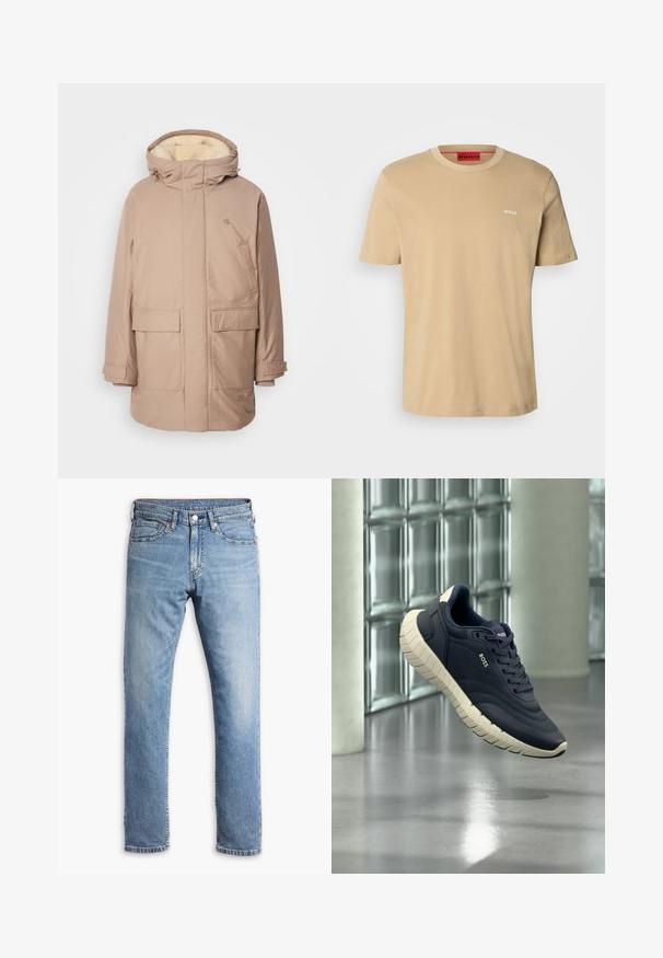 Beige'is isolatsiooniga parka, millel on kapuuts, pehme, heleda sisekihiga, kaks esikotti ja rinnal logo.; Beige puuvillane t-särk, millel on ümmargune kaelus, lühikesed varrukad ja väike valge "HUGO" logo rinnal. Sile tekstuur ilma mustriteta.; Heledad sinine teksarihm, sirge sääre disainiga, viis taskut, kontrastõmblused ja nööbid ning tõmblukk vööl.; Tumesinine sportlik toss valge massiivse tallaga, külgedel "BOSS" logo, taustal peegeldava plaatseina ja halli põrandaga.