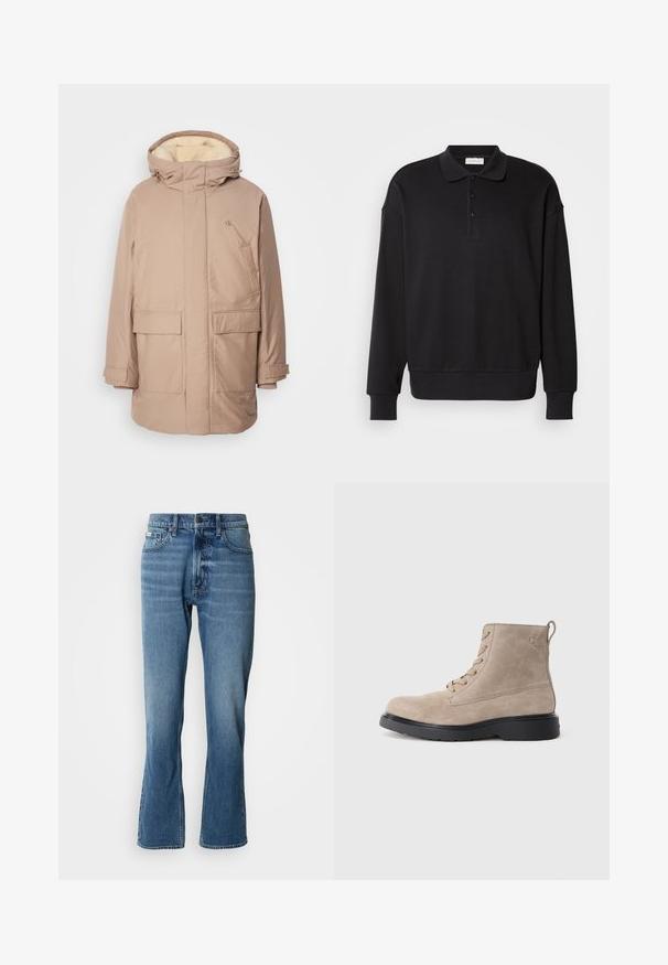 Parka isolée beige avec capuche, dotée d'une doublure intérieure douce et claire, de deux poches avant et d'un logo sur la poitrine.; Polo-shirt noir à manches longues, texture côtelée, patte de boutonnage à trois boutons, logo brodé sur la poitrine, poignets et ourlet ajustés. Matière douce en mélange de coton.; Jeans en denim bleu clair avec une coupe droite et une légère évasée. Comprend cinq poches, une fermeture à bouton et des détails de décoloration subtils.; Bottines en daim beige avec semelle en caoutchouc noir, design à lacets, et un petit logo embossé sur le côté, avec une languette à l'arrière.