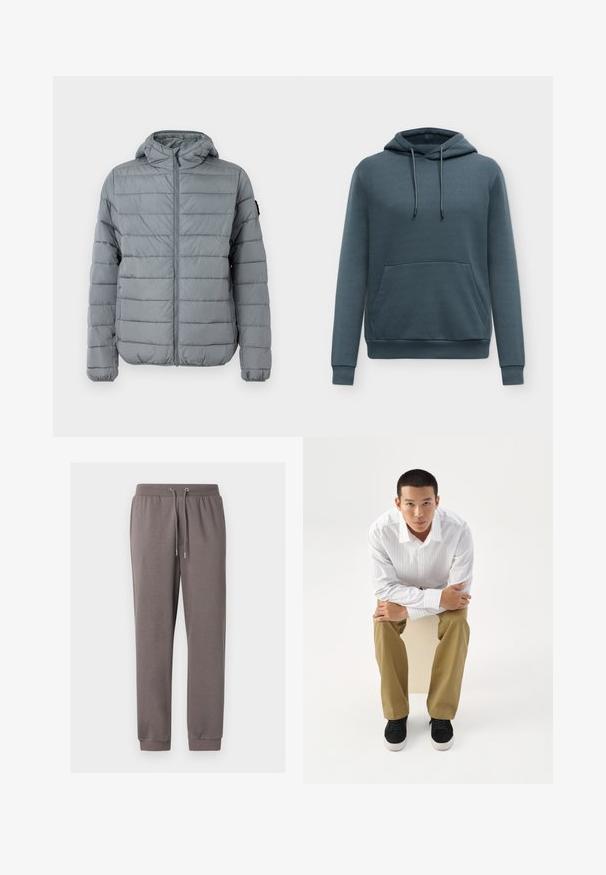 Casaco acolchoado cinza com fecho éclair à frente, capuz e linhas horizontais cosidas. Concebido para aquecer com punhos elásticos e uma marcação mínima.; Sweatshirt azul escuro com capuz, mangas compridas, bolso frontal e cordões ajustáveis no capuz, mostrado sobre um fundo claro e liso.; Calças de moletom cinza em algodão, com cintura elástica, cordão, bolsos laterais e punhos canelados nos tornozelos. Textura suave e ajuste casual.; Jovem com camisa branca às riscas e calças caqui sentado inclinado para a frente num banquinho com os braços cruzados, olhando diretamente para a frente sobre fundo branco.