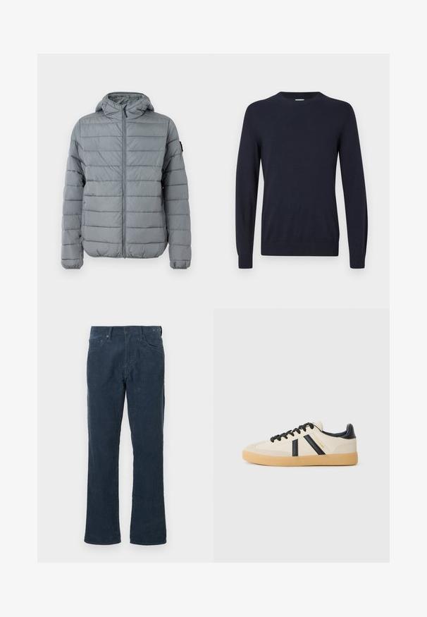 Grå polstret jakke med lynlås foran, hætte og sydd horisontale linjer. Designet til varme med elastiske manchetter og minimal branding.; Marineblå strikket sweater med rund hals, lange ærmer og ribbede manchetter. Glat tekstur og letvægtsdesign for komfort.; Mørkeblå corduroybukser med lige ben, der har forlommer, knaplukning og en subtil ribbet tekstur.; Casual sneakers i creme med sorte striber, med en tekstureret overdel og sål i gummigummi. Snørebåndene er sorte. Diskret logo på siden.