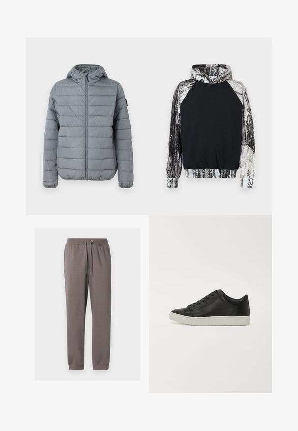 Grå polstret jakke med lynlås foran, hætte og sydd horisontale linjer. Designet til varme med elastiske manchetter og minimal branding.; Sort hættetrøje med en struktureret sort front og kontrasterende ærmer med mønster i grå og hvid, der ligner træbark. Justerbar hætte.; Grå bomulds joggingbukser med elastisk taljebånd, snøre, sidelommer og ribstrikkede manchetter ved anklerne. Glat tekstur og afslappet pasform.; Sorte lædersneakers med rund tå, flad hvid gummisål og seks huller til snørebånd. Glat overflade, minimalistisk stil.
