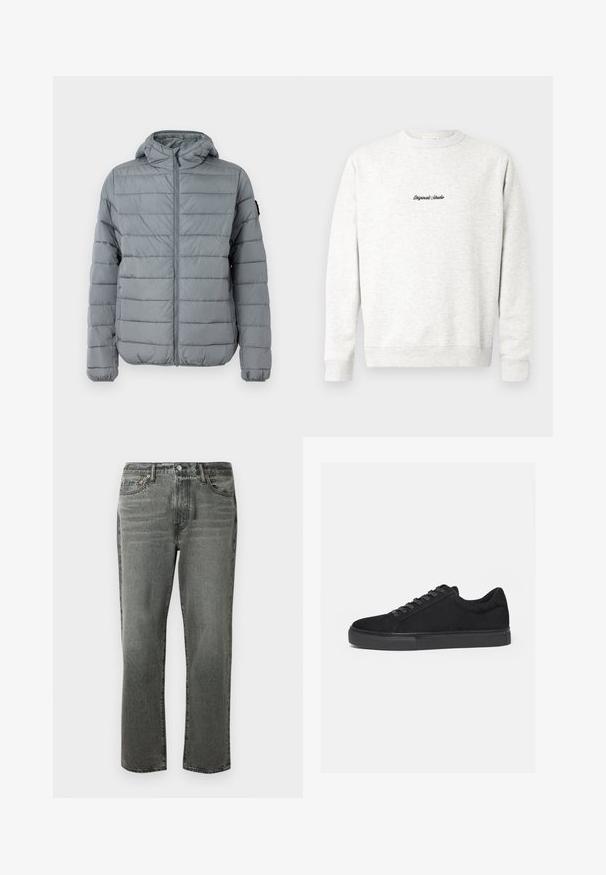 Grå polstret jakke med lynlås foran, hætte og sydd horisontale linjer. Designet til varme med elastiske manchetter og minimal branding.; Lys grå crewneck sweatshirt lavet af blødt materiale, med et lille sort "Originals Studio" logo på fronten og ribbede manchetter.; Affarvet sorte lige bukser med frontknap, lynlås, bæltesløjfer og fem-lomme design.; Sort lavtop sneaker med snørelukning foran og flad gummisål, vist fra siden på en hvid baggrund.
