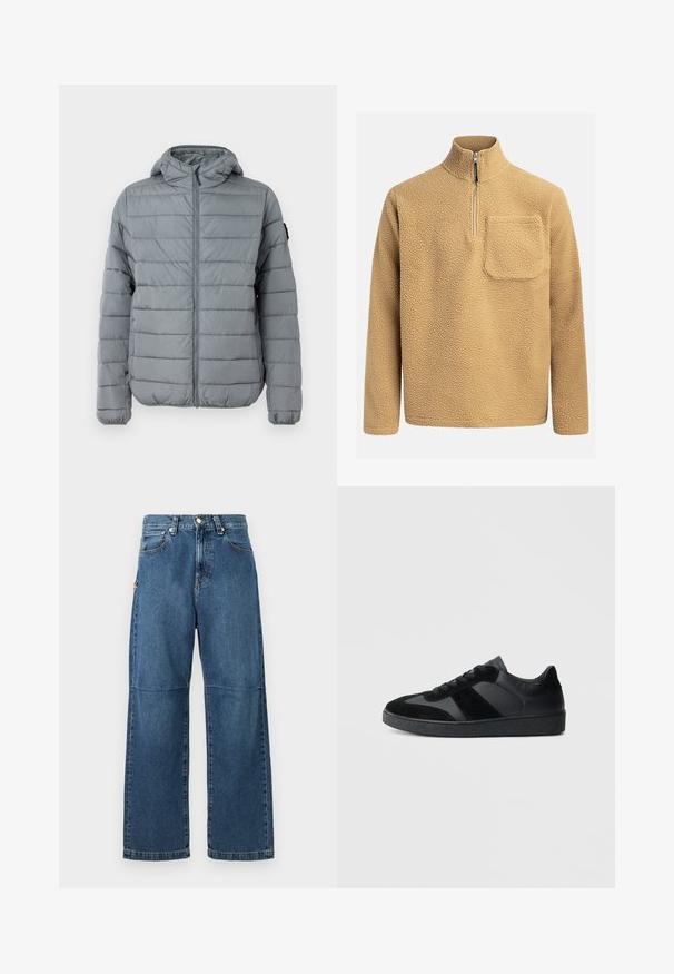 Grå polstret jakke med lynlås foran, hætte og sydd horisontale linjer. Designet til varme med elastiske manchetter og minimal branding.; Beige fleece pullover med høj krave, halv lynlås foran og en brystlomme. Tekstureret stof med et blødt, hyggeligt udseende.; Blå denim jeans med afslappet pasform, lige ben, synlige sømme og lukkes med en knap foran. Har en sidelomme med accent.; Sorte sneakers med en kombination af glat læder og ruskind, med en tekstureret sort gummisål og subtil stripingdetalje.