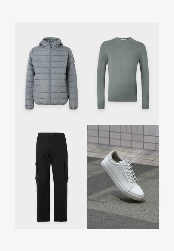 Grå polstret jakke med lynlås foran, hætte og sydd horisontale linjer. Designet til varme med elastiske manchetter og minimal branding.; Lysegrøn langærmet sweater lavet af blødt strikstof. Har en rund halsudskæring og tætsiddende ærmer med ribbede manchetter. Enkelt design.; Sorte cargo bukser med lige ben, knap- og lynlås-lukning, bæltestropper og klaplommer på begge lår.; Hvide sneakers lavet af tekstureret læder, med snørelukning, robust gummisål og minimalistisk design med forstærket tå.