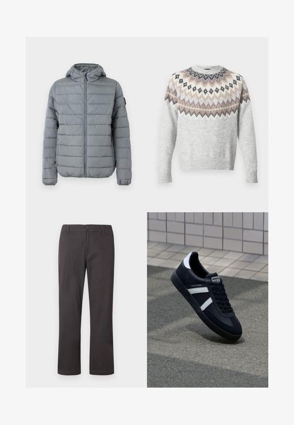 Grå polstret jakke med lynlås foran, hætte og sydd horisontale linjer. Designet til varme med elastiske manchetter og minimal branding.; Lysegrå sweater med lange ærmer, der har et mønstret bærestykke i creme, brun og sort. Ribstrikkede ærmekanter og kant forneden tilføjer tekstur.; Mørkegrå bukser med lige ben, knappelukning, bæltestropper og diskret frontsyning på hvid baggrund.; Sort lædersneaker med hvide striber, tekstureret gummisål og snørrebånd foran. Har et brandet mærke på tungen.