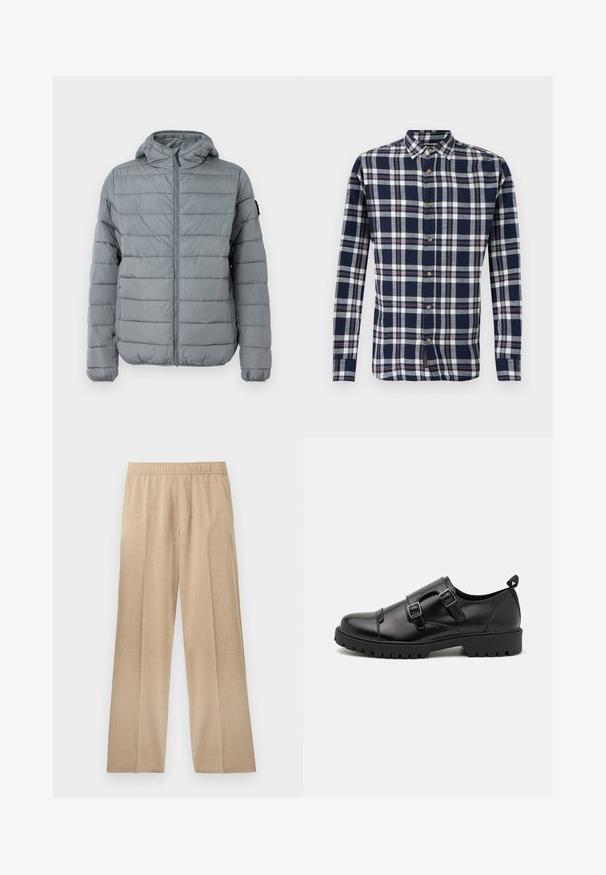 Grå polstret jakke med lynlås foran, hætte og sydd horisontale linjer. Designet til varme med elastiske manchetter og minimal branding.; Herres langærmede skjorte med knapper i marineblåt, hvidt og rødt ternet mønster. Bomuldsstof, klassisk krave og træknapper.; Beige vide ben bukser lavet af tekstureret stof, med elastisk talje og uden synlige lommer eller udsmykninger.; Pier One Business loafers - black