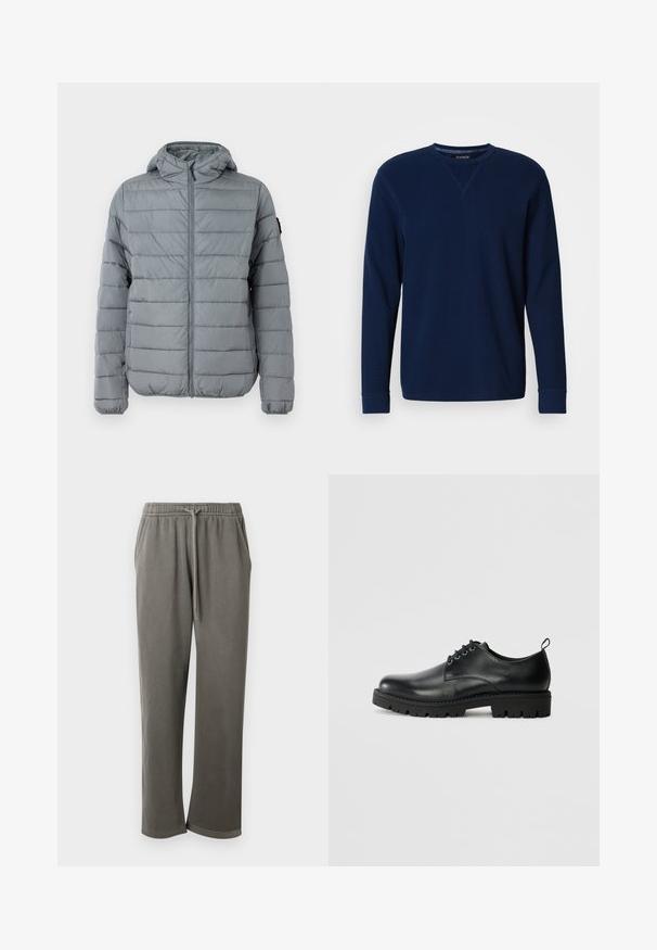 Grijze gewatteerde jas met een ritssluiting aan de voorkant, capuchon en gestikte horizontale lijnen. Ontworpen voor warmte met elastische manchetten en minimale branding.; Navyblauw sweatshirt met lange mouwen en een ronde hals, voorzien van geribbelde manchetten, een zachte textuur en een kruissteekdetail bij de halslijn.; Grijze katoenen sweatpants met een elastische tailleband en trekkoord, met zijzakken en een ontspannen pasvorm langs de benen.; Zwarte lederen schoen met een ronde neus, voorzien van een vetersluiting, stevige zwarte rubberen zool en een klein hieltabje aan de achterkant.