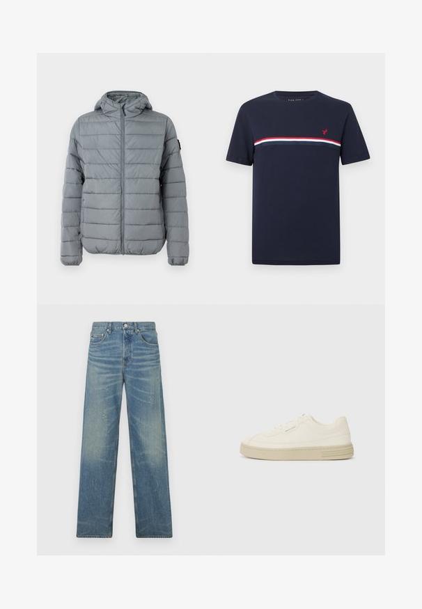 Hall värvitud padded jope, millel on lukuga esikülg, kapuuts ja õmmeldud horisontaalsed jooned. Disainitud soojuse tagamiseks, elastsete mansettide ja minimaalsete brändingutega.; Tumesinise lühikeste varrukatega T-särk punaste, valgete ja tumeliste siniste horisontaalsete triipudega üle rinna ning väikese punase linnu logoga vasakul küljel.; Sinised sirge lõikega teksad, millel on pleekinud värvitoon, kergete värvipritsmetega, esine nuppe ja viie tasku disain valgel taustal.; Valged kangast spordijalatsid tekstureeritud kummist tallaga, tükkide õmblusega varbakaitsme ja logo rõhuasetusega kandmisel. Lihtne lipsuga disain.