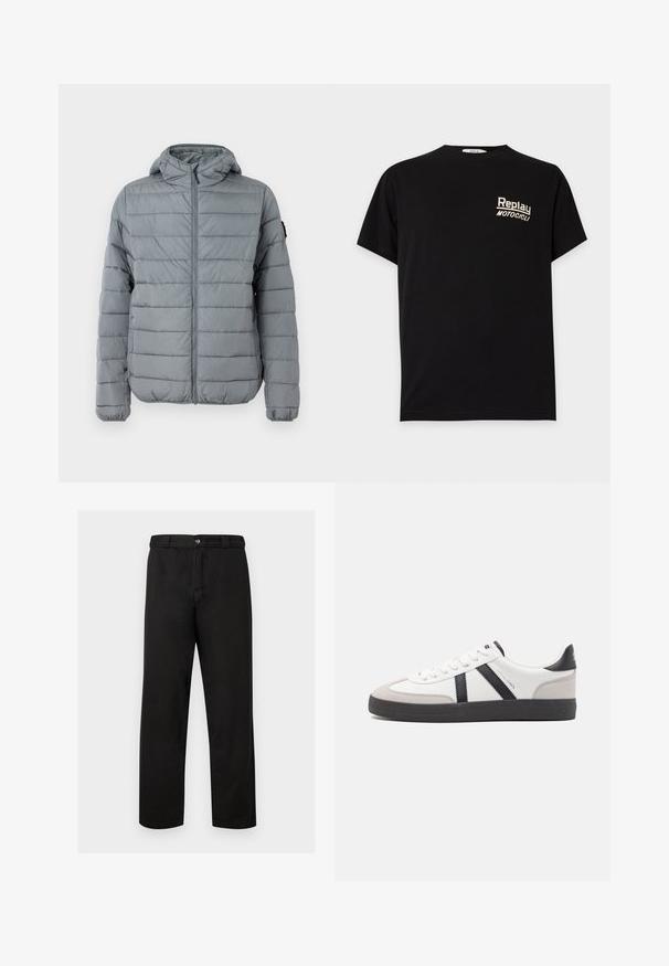 Graue gepolsterte Jacke mit Reißverschluss vorne, Kapuze und gesteppten Horizontalstreifen. Entwickelt für Wärme mit elastischen Bündchen und minimaler Markenkennzeichnung.; Schwarzes T-Shirt mit kurzen Ärmeln und weiß gedrucktem "Replay Motocicli" auf der linken Brustseite.; Schwarze Hose mit geradem Bein, Knopf- und Reißverschluss, Gürtelschlaufen und ohne sichtbare Muster oder Verzierungen.; Weiße Sneaker mit schwarz- und grau-aczenten, ausgestattet mit einer strukturierten grauen Zehenkappe, schwarzer Gummi-Sohle und flachen weißen Schnürsenkeln. Sauberes Design, minimalistische Stil.