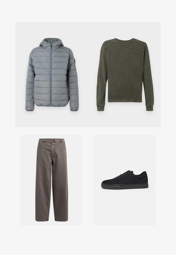 Grå polstret jakke med lynlås foran, hætte og sydd horisontale linjer. Designet til varme med elastiske manchetter og minimal branding.; Langærmet skjorte i mørk olivengrøn, lavet af blødt materiale, med rund hals og en brystlomme. Glat tekstur, afslappet pasform.; Grå bredbenede bukser lavet af bomuldsblanding; har en knaplukning, bæltesløjfer og forlommer; glat, holdbart materiale.; Sort lavtop sneaker med snørelukning foran og flad gummisål, vist fra siden på en hvid baggrund.