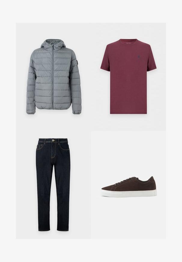 Grå polstret jakke med lynlås foran, hætte og sydd horisontale linjer. Designet til varme med elastiske manchetter og minimal branding.; Almindelig t-shirt med korte ærmer og rund hals i bordeaux med et lille mørkt emblem på venstre bryst fra Pier One.; TOM TAILOR TTJOSH REGULAR SLIM FIT - Jeans Straight Leg - rinsed blue denim; Mørkebrune ruskind lave sneakers med matchende snørebånd og tyk hvid gummisål, vist fra siden på en ensfarvet baggrund.