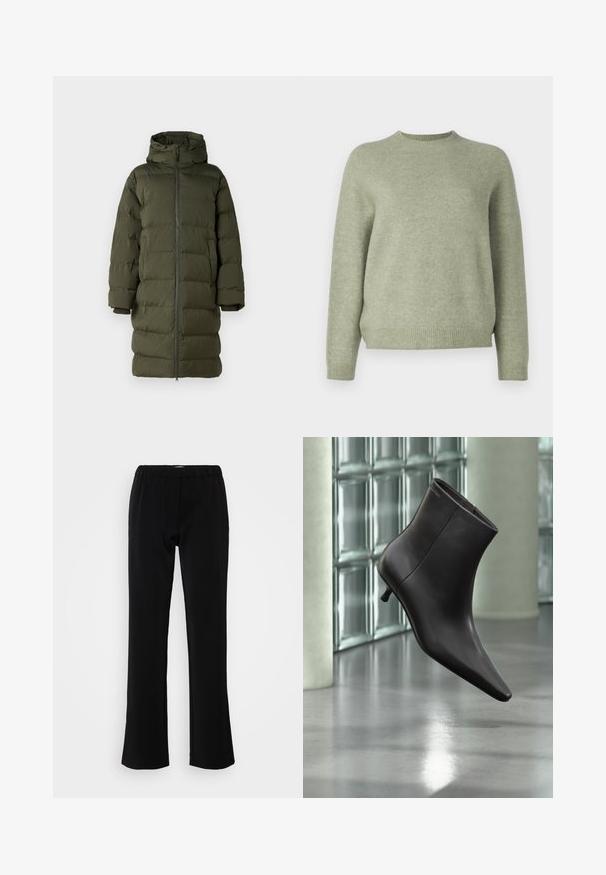 Manteau rembourré vert olive avec une capuche, doté d'un zip frontal intégral, d'un design matelassé et de manches à poignets. Tissu lisse et isolant.; DRYKORN PEMIRI - Pullover - green; Pantalons noirs avec un design évasé, fabriqués en tissu lisse. Présentent une taille élastique pour le confort et une silhouette épurée et simple.; Bottine en cuir noir avec bout pointu et petit talon, présentée devant un mur en blocs de verre et un sol poli.