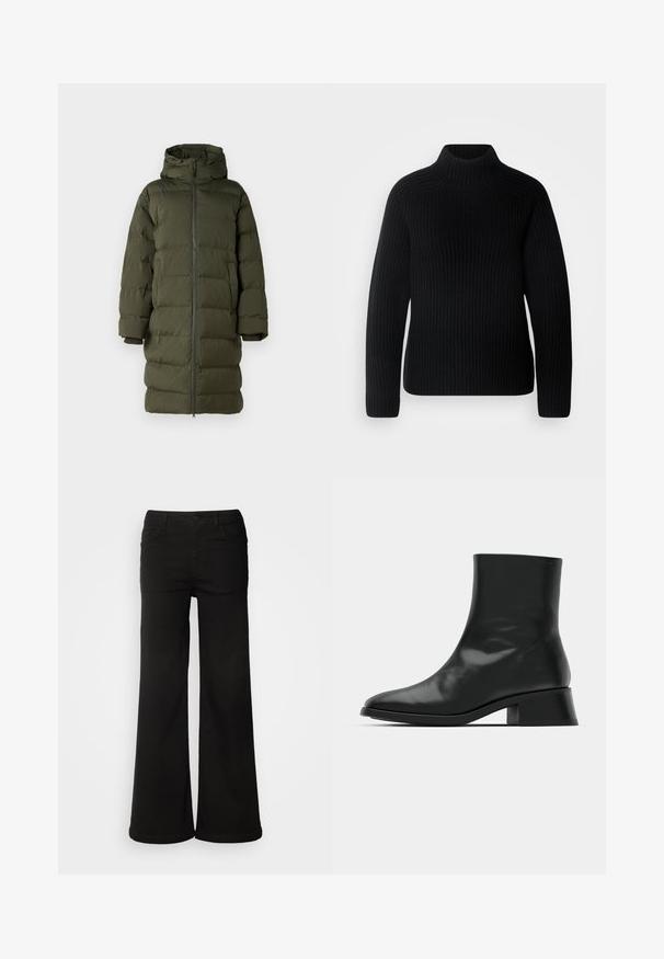 Manteau rembourré vert olive avec une capuche, doté d'un zip frontal intégral, d'un design matelassé et de manches à poignets. Tissu lisse et isolant.; Pull col roulé noir en tissu côtelé. Présente des manches longues et un design ajusté avec un col plus haut. Texture douce.; Pantalons larges noirs en denim, avec des poches avant, une fermeture à bouton et une texture lisse avec une finition soignée.; Bottine noire en cuir brillant, au design épuré, avec un bout pointu et un petit talon bloc pour plus de stabilité.