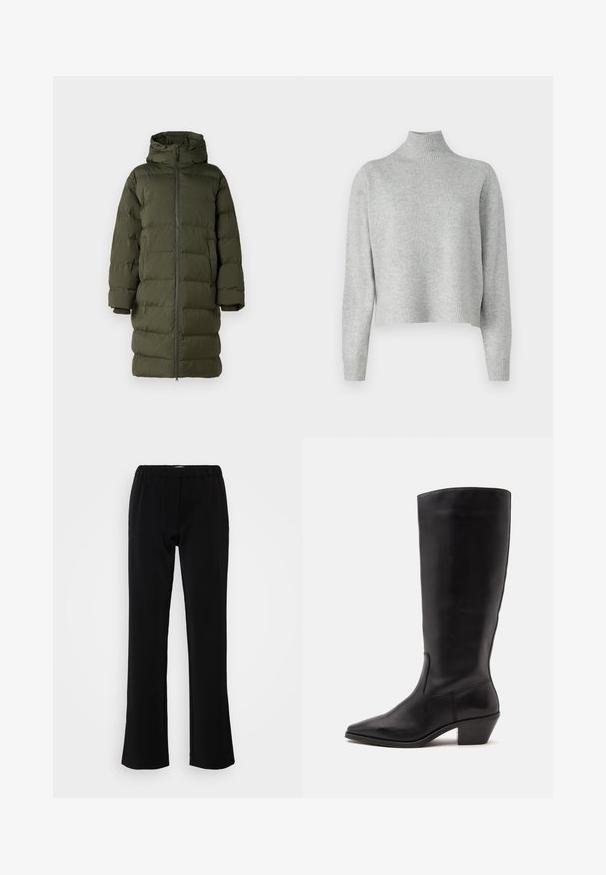 Manteau rembourré vert olive avec une capuche, doté d'un zip frontal intégral, d'un design matelassé et de manches à poignets. Tissu lisse et isolant.; Pull à col roulé gris clair en tricot doux, avec des manches longues et un ourlet et des poignets côtelés. Pas de motifs ni de détails en matériel.; Pantalons noirs avec un design évasé, fabriqués en tissu lisse. Présentent une taille élastique pour le confort et une silhouette épurée et simple.; Botte en cuir noire mi-mollet avec un bout pointu et un talon bas incliné sur un fond clair uni.
